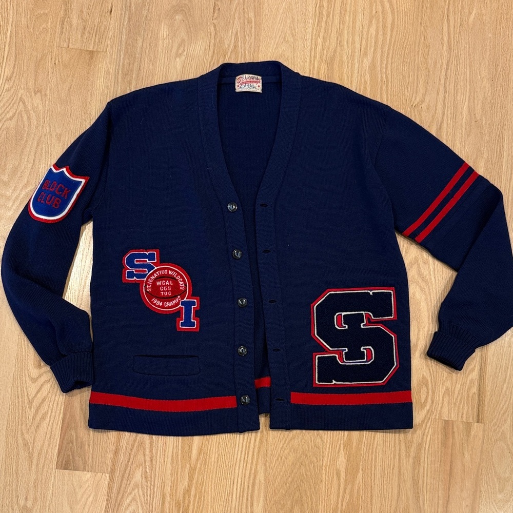 Navy Varsity Cardigan with Red Accents - vintage 1980’s